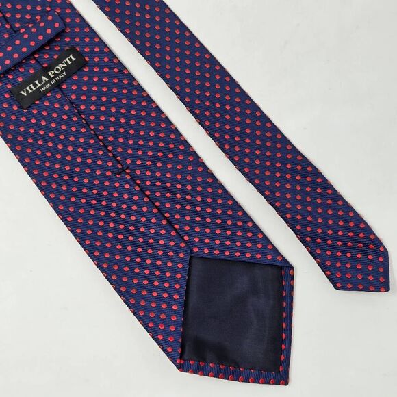 VILLA PONTI MADE IN ITALY SILK TIE BLUE RED POLKA DOT SATIN 3.75" X 60" - Picture 3 of 3